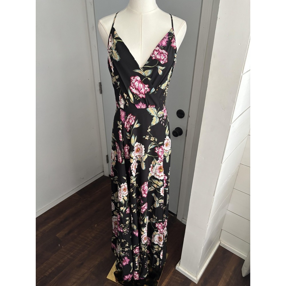 Yumi Kim Dress Womens Medium Black Floral Silk Maxi Slip‎ Spaghetti Strap Gown